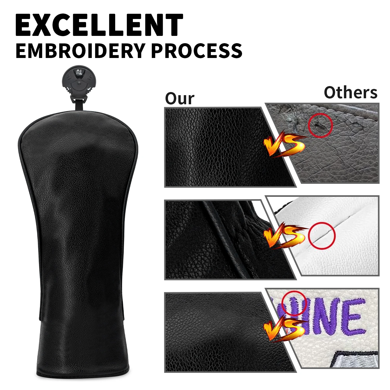 Capa protetora preta em branco para tacos de golfe, estilo minimalista, material PU, acessórios de golfe, capa protetora para tacos de golfe preto puro