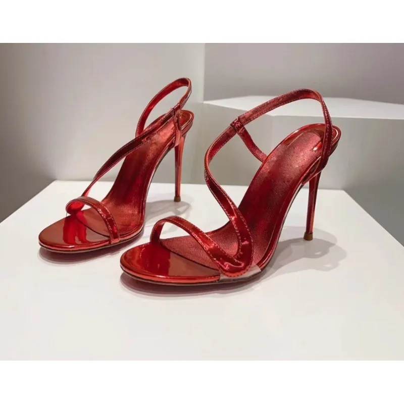 

New red French one-piece sandals with socialite temperament, rhinestone sexy high heels, snake shaped open toed women's shoes