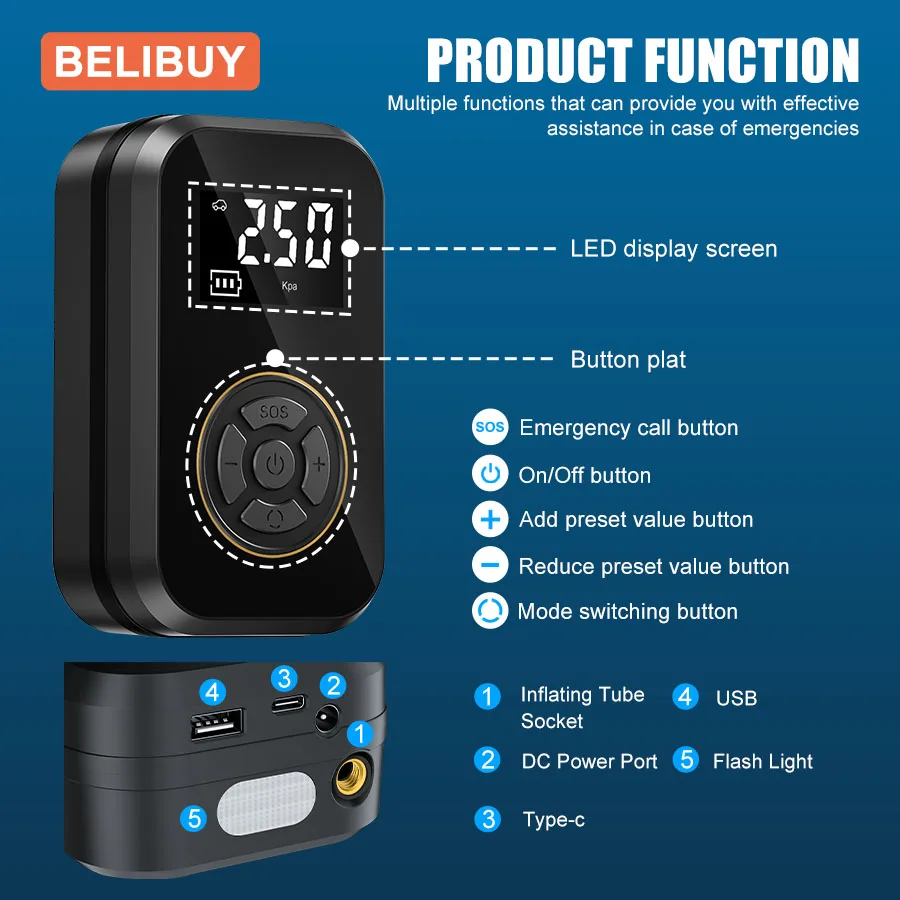 BELIBUY Professional Tire Inflator with Kpa Display, Portable Electric Air Compressor for Car Bike Ball Mattress