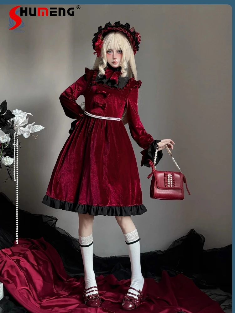 

Japanese Style Elegant Princess Retro Gothic Red Dresses Stand Collar Long Sleeve High Waist Sweet Lolita Short Dress for Women