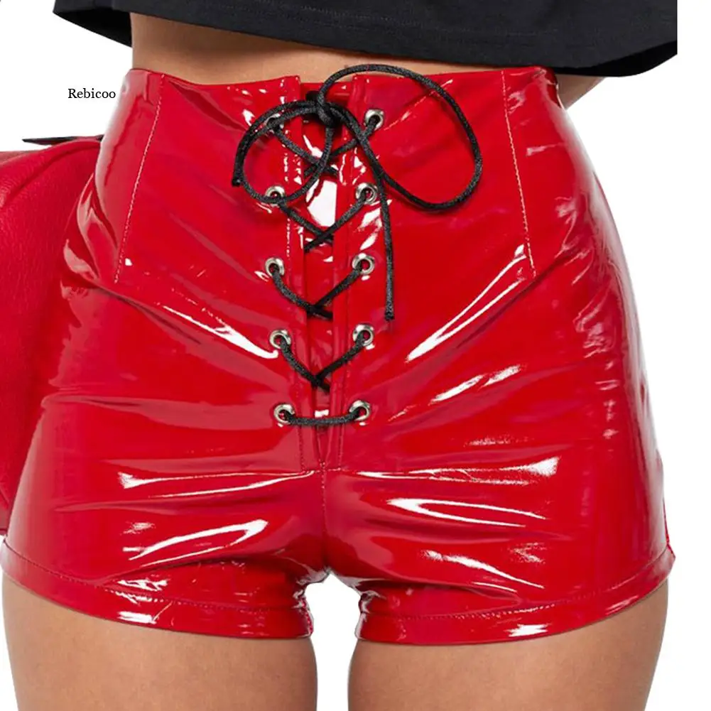 

Sexy Solid Color Faux Leather Shorts Women High Waist Eyelet Cross Bandage Lace Up Slim Bodycon Shorts Fashion Summer