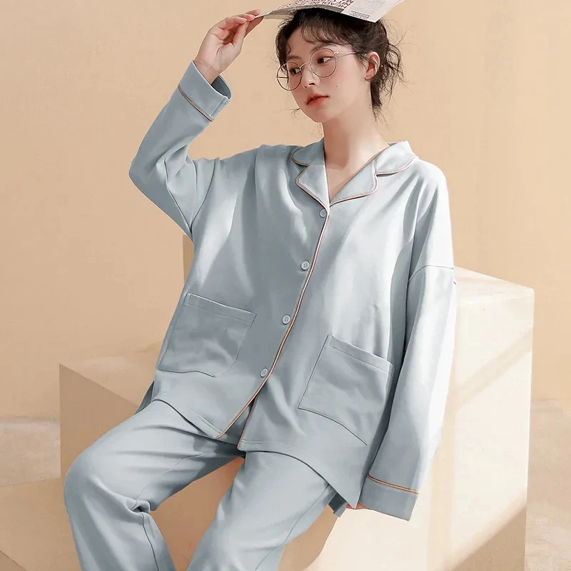 Cotton Women Cotton Pajamas Set for Women Autumn Long Sleeve Pyjama Sleepwear Homewear Loungewear Solid Color Pijama