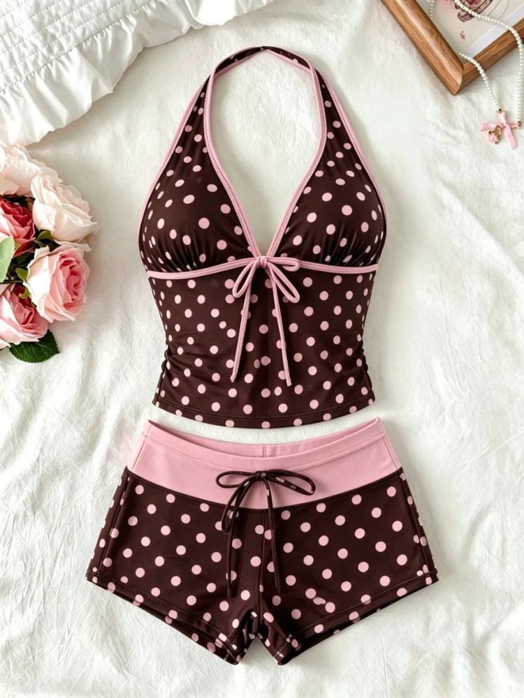 Summer Beach Style Women 2-Piece Tankini Bikini Swimsuits Halter V-Neck Tie Cami Top Bodycon Contrast Waistband Swimwear