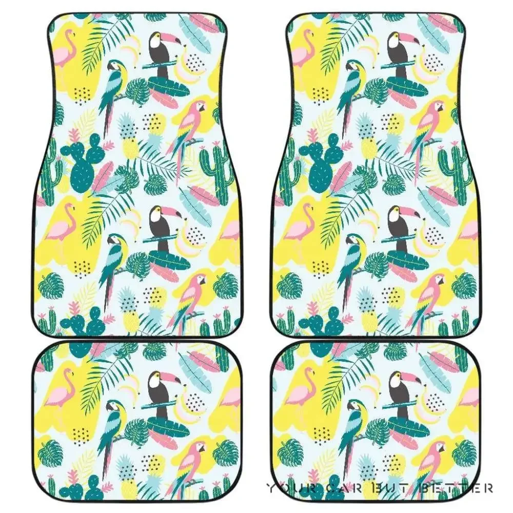 Cute Parrot Toucan Flamingo Cactus Exotic Leaves Pattern Front And Back Car Mats 045109