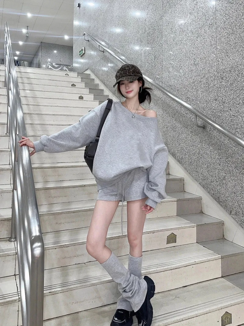 カジュアル オフショルダー スウェットシャツ レディース バイブス チャーム 春 秋 ルーズ スリミング レイジー ワンショルダー トップス デイリー フルスリーブ ラウンド