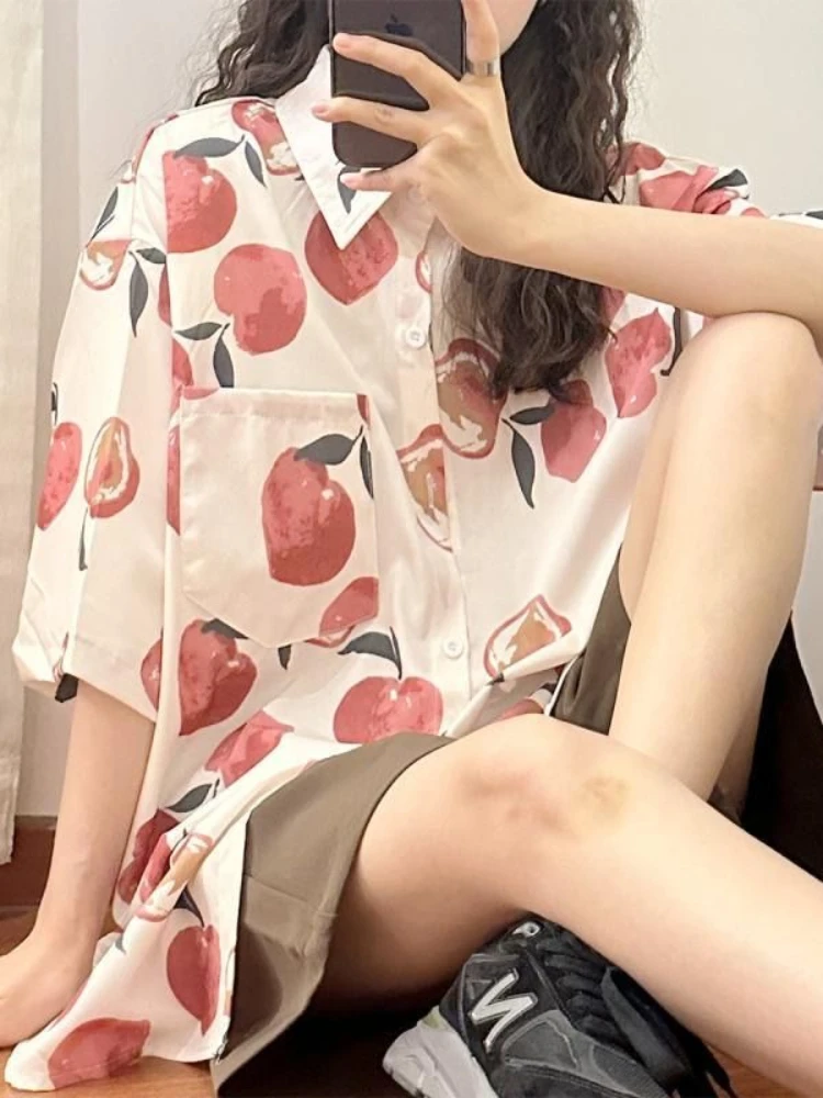 ADAgirl Japan Style Honey Peach Print Beach Wear Cardigan Cover Ups Blouse Femme Summer Oversize T-shirt Casual Tops Clothes