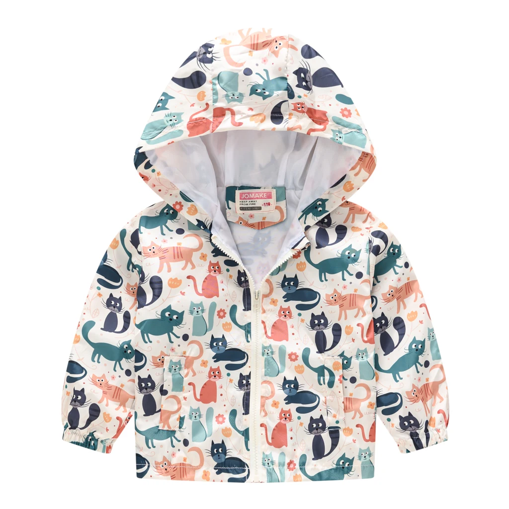 Boys and Girls Windproof Hooded Jacket Assorted Cartoon Pattern Print Zip Coat Kids Spring Clothes