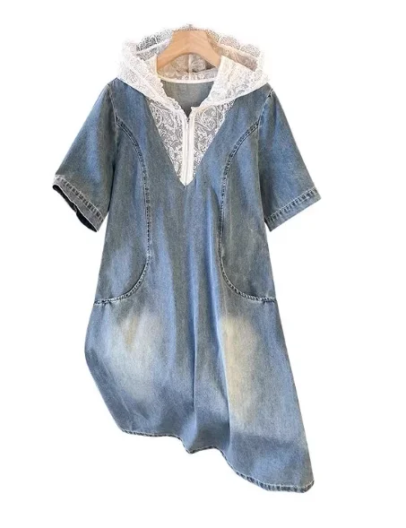 Abito estivo in denim con giunture con cappuccio in pizzo elegante di grandi dimensioni Moda donna Abiti a trapezio a maniche corte con riduzione dell'età allentata blu