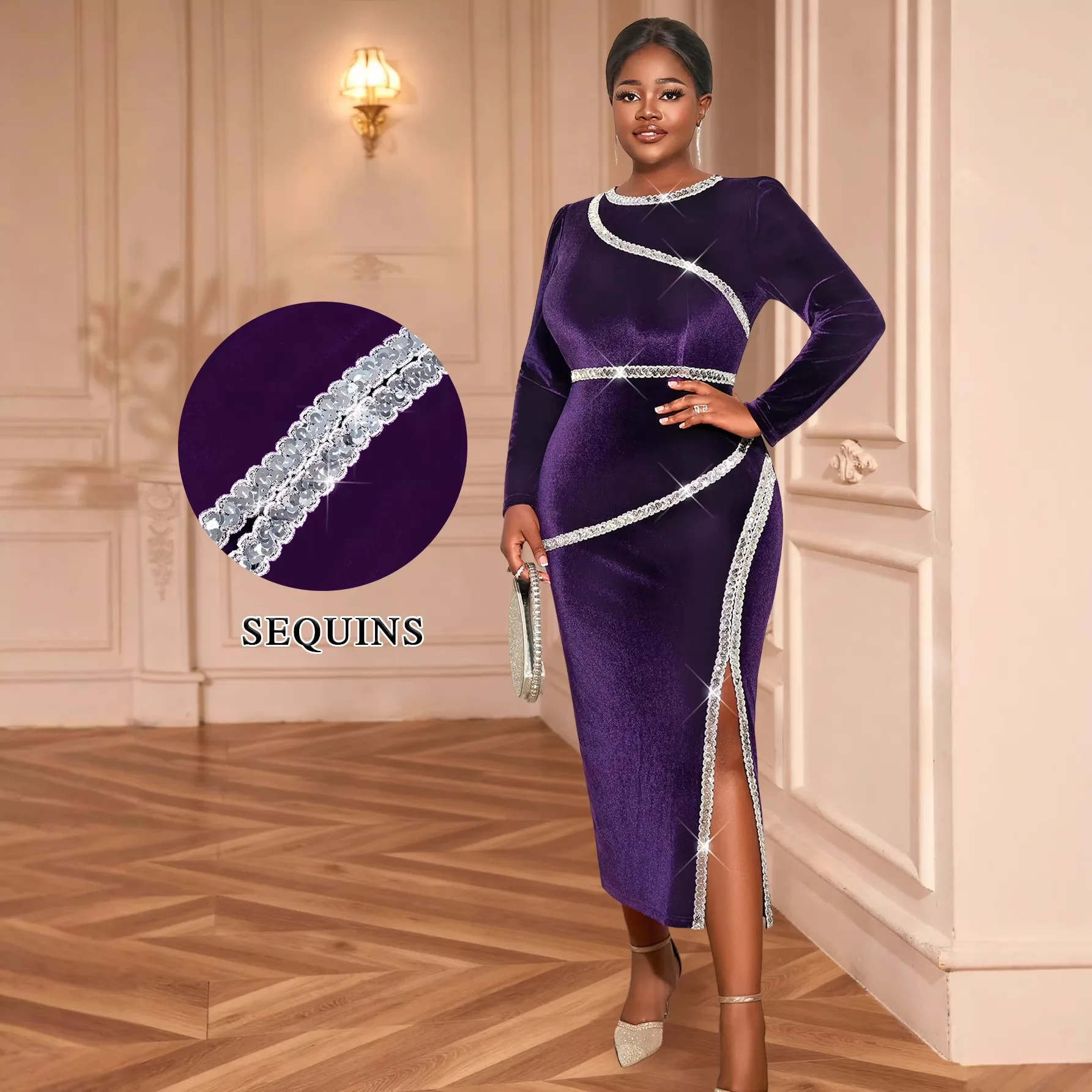 

Plus-size Women's Velvet Sequin Round-neck Dress, Long-sleeved Side-slit Elegant Party Dress, Bodycon Dress Elegantes Casual Y2K