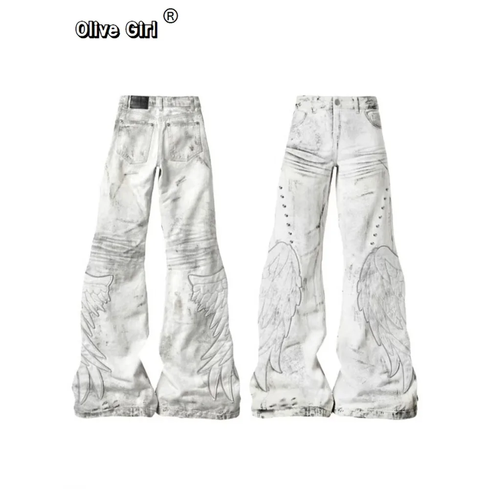 Olivegirl Women's Jean Denim Goblin Core Print  Baggy Pants Abi Y2K Japanese Harajuku 2000s Wide American Retro Hip-pop New