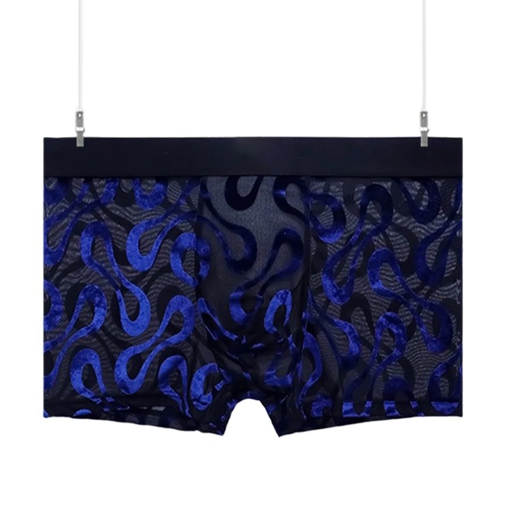 Men's Velvet Flocked Ice Silk Mesh Boxer Shorts With U Convex Pouch High Elastic Breathable Sports Underwear Trunks