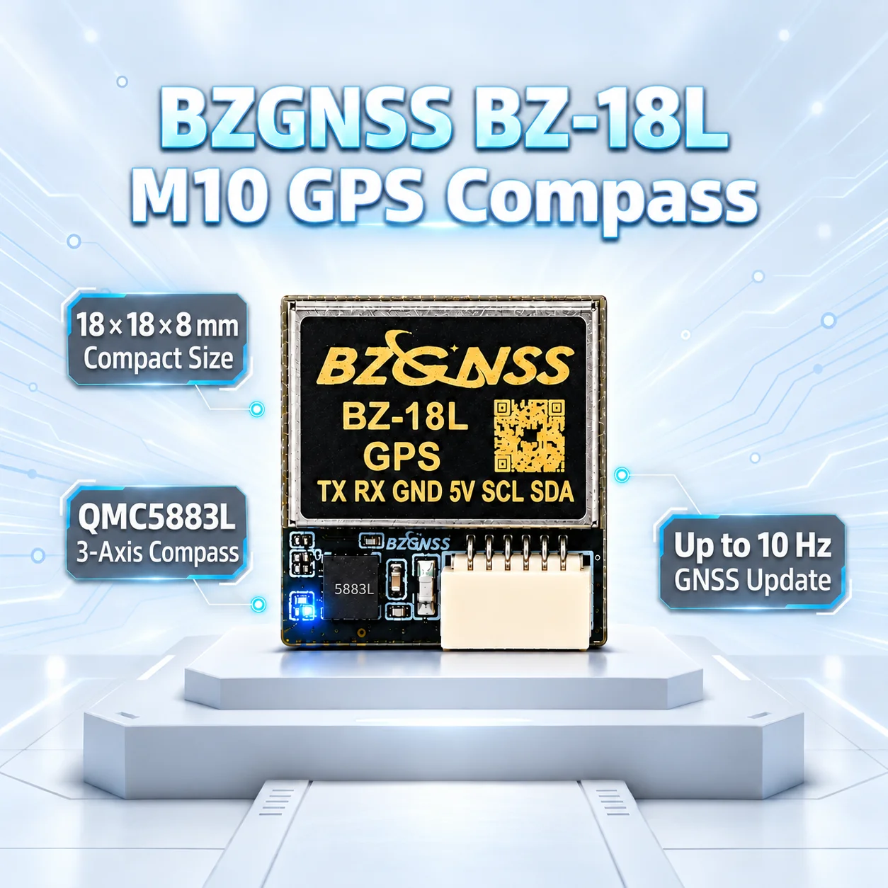 BZGNSS BZ-18L M10 GPS Compass Module QMC5883L 18x18x8mm 10Hz 5V UART I2C for INAV FPV Drone Fixed Wing UAV M100-5883 Alternative