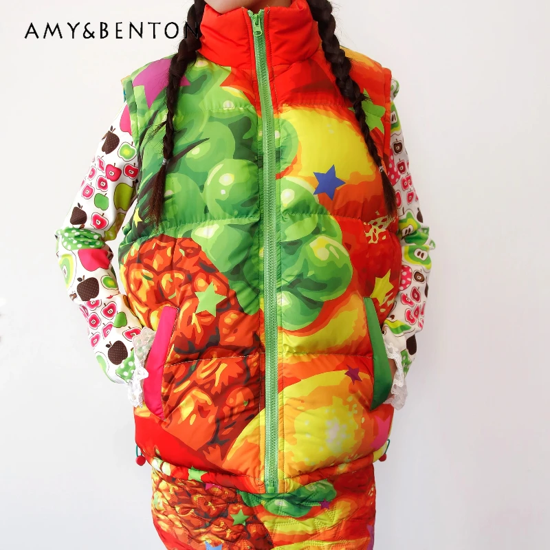 

Двусторонняя женская хлопковая куртка с принтом фруктов и звезд в японском дизайне, осень-зима 2022, новые универсальные теплые жилеты без рукавов, женские