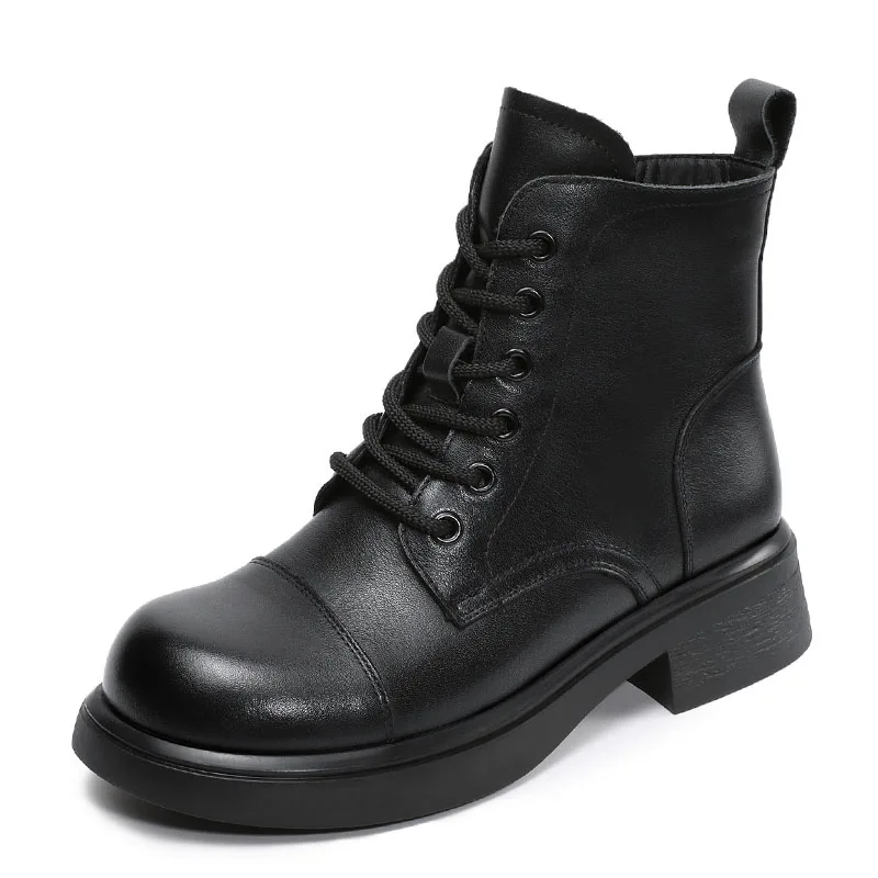 DRKANOL British Style Women Thick Heel Ankle Boots Autumn Winter Handmade Retro Genuine Cow Leather Round Toe Soft Casual Boots