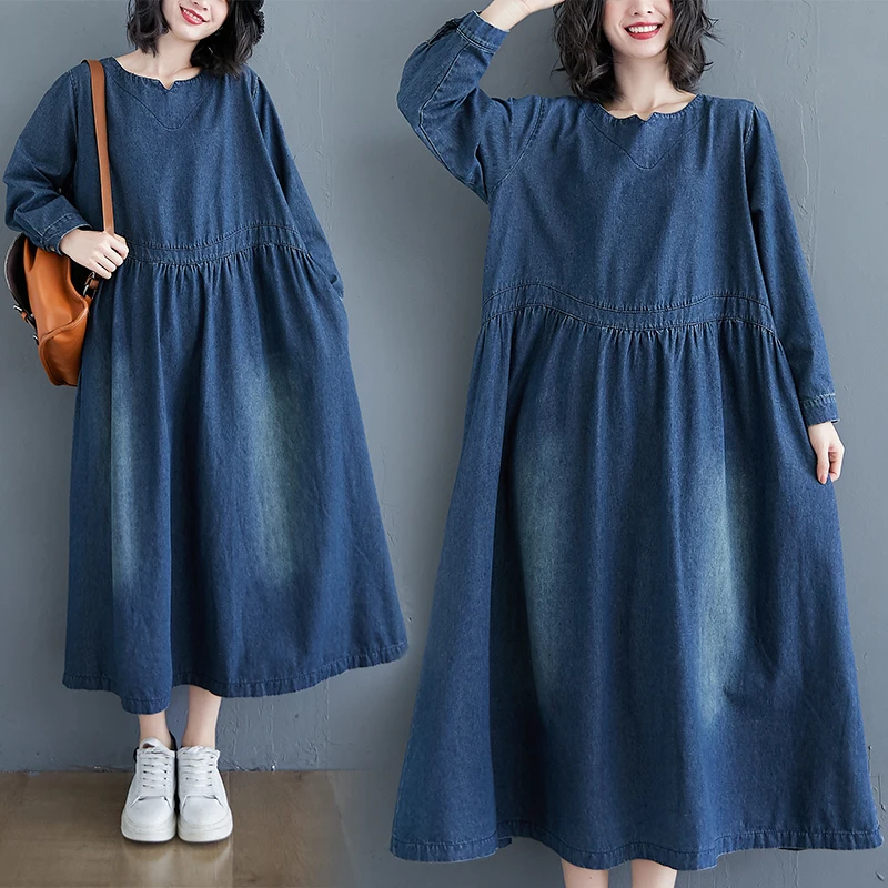 

Loose Long Sve Denim Dr Women's Knee-Length Casual Straight Cut plus Size Concealing Slimming Midi Dr Cotton Blend