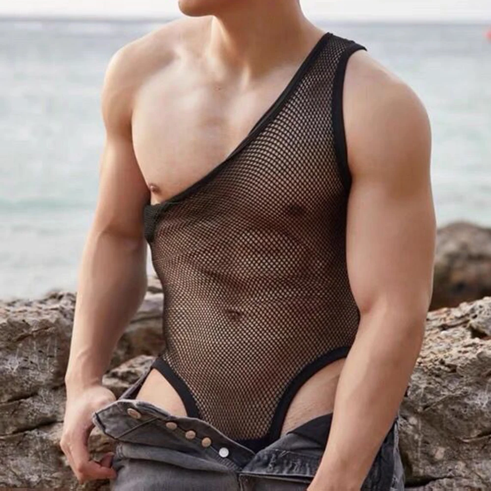 2024 Mens Sexy Men\'s Bodysuit Hollow Mesh Body Sculpting Underwear Macho See-through High Fork Triangle Sleeveless Jumpsuit Vest