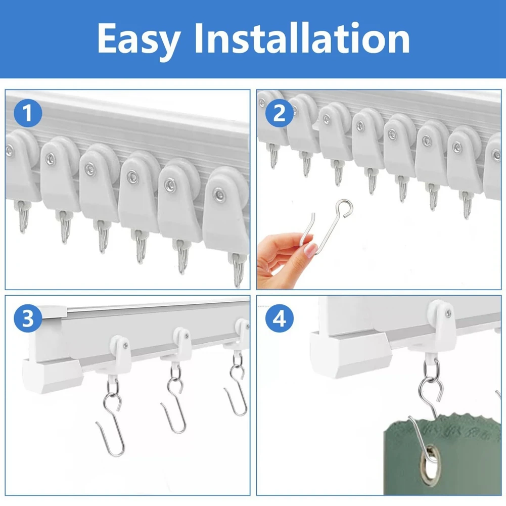 【HAPPY】Ceiling Curtain Track Rollers And Hooks- 100Pcs Set Includes 50 Pcs Smooth Rollers And 50 Pcs Metal S Hooks Accessory