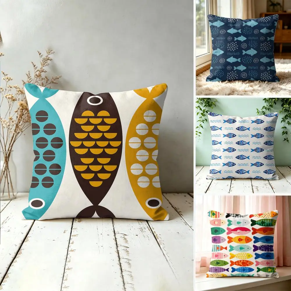 Coastal Fish Pattern Cushion Cover Silky Short Plush Invisible Zipper Dustproof Sofa Pillow Case For Home Decor