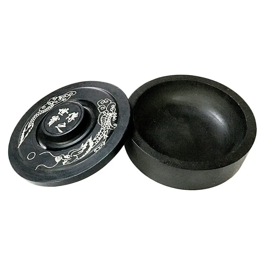 1Pcs Calligraphy Inkstone Ribbed Black Round Lid Ink Grinding Stone Traditional Chinese Inkstone Painting Drawing Stationery