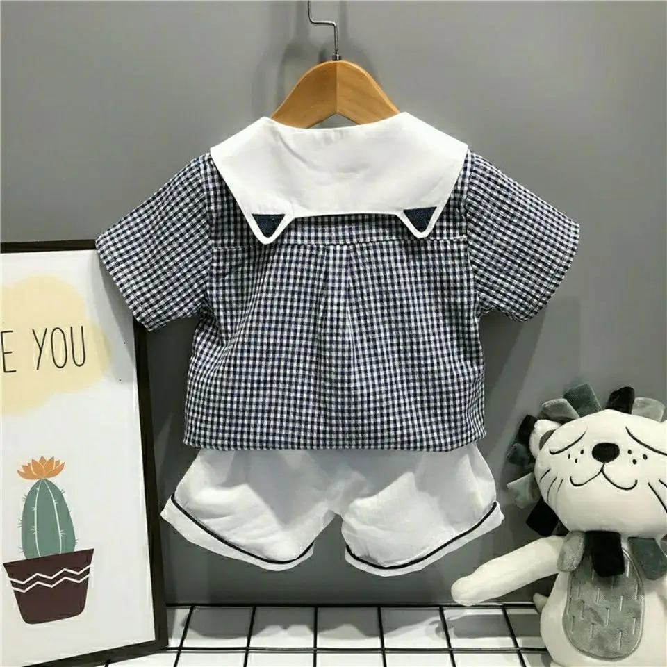 New Summer Children\'s Wear Set Trendy Brother Sister Suit Plaid Boys Cotton Shirt Shorts 2pcs Suit Girl Baby Casual Stripe Dress