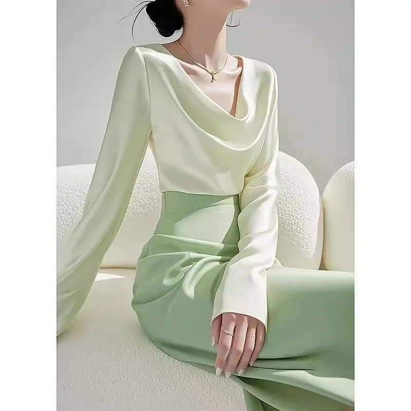 

Осенняя элегантная женская рубашка с шарфом и воротником с длинными рукавами, весенняя атласная рубашка Klein синего цвета ярких цветов, офисная женская модная блузка, шелковые топы