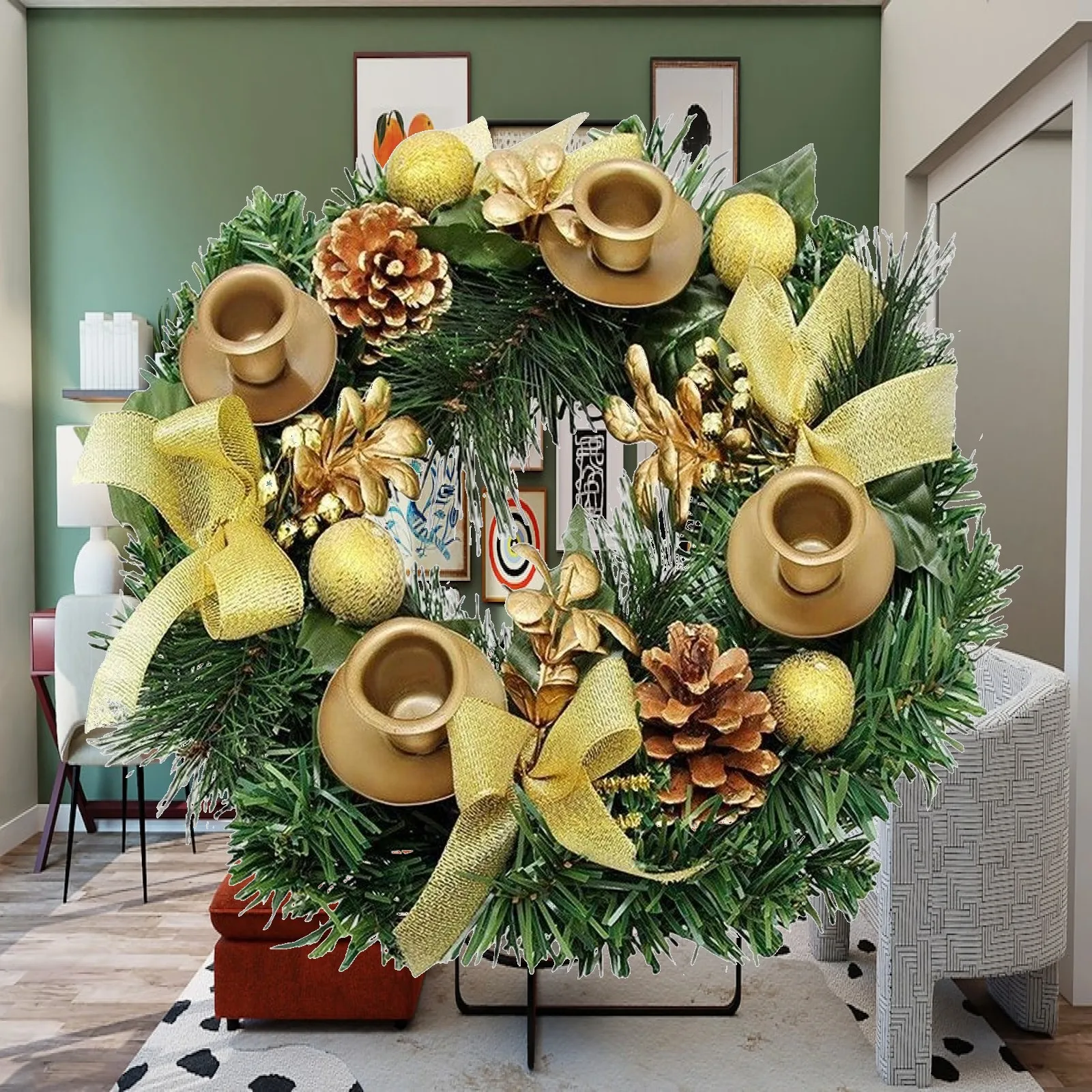 12inch Christmas Advent Wreath Candlestick Centerpiece Decorative with 4 Candle Cups Candles Holder for Home Dining Table Door