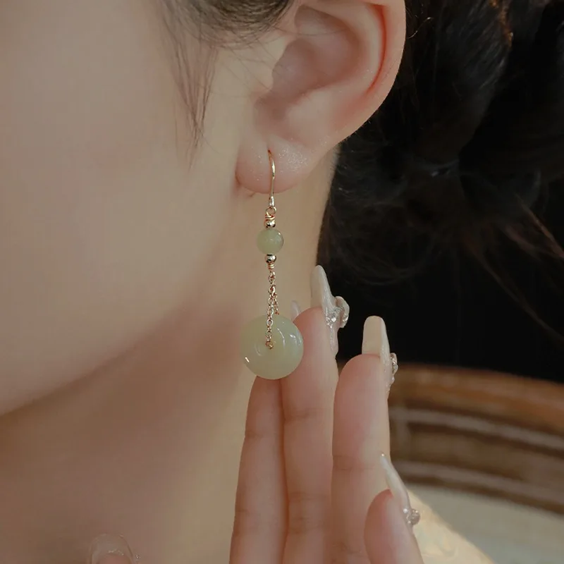New Chinese Style Sterling Silver Round Hetian Jade Dangle Earrings for Woman Ancient Style Temperament Jewelry Accessories Gift