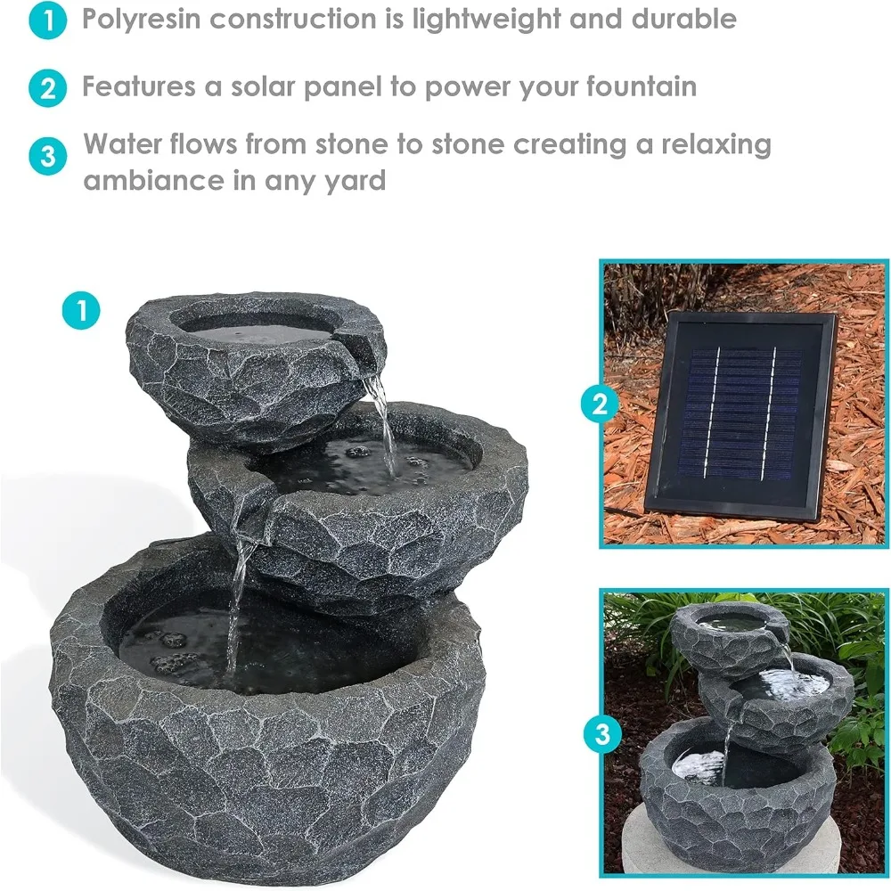 17-Inch 3-Tier Chiseled Basin Solar Fountain with Battery Backup - Submersible Pump - Polyresin 19