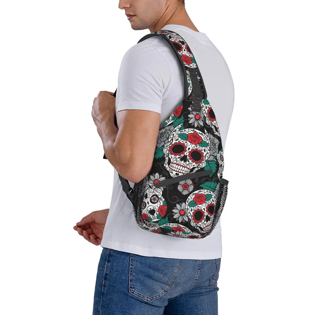 Sugar Skull Day Of The Dead Crossbody Sling Bag Chest Bag Gothic Mexican Halloween Shoulder Backpack Daypack Hiking Cycling Pack