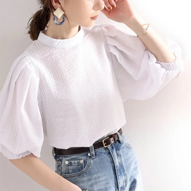 2024 Bubble Sleeve Temperament Women's Shirts Loose Summer New Office Commuter Clothing Solid Stripes Youthful Woman Clothes Top