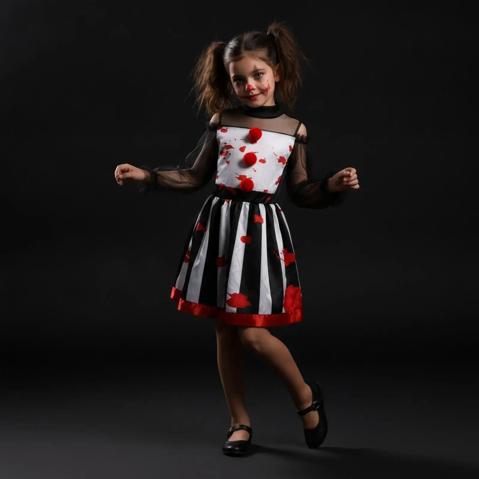 Reusable Clown Costume with Headpiece | Black and White Stripes, transparent Mesh Sleeves, Clown Dress, for Halloween