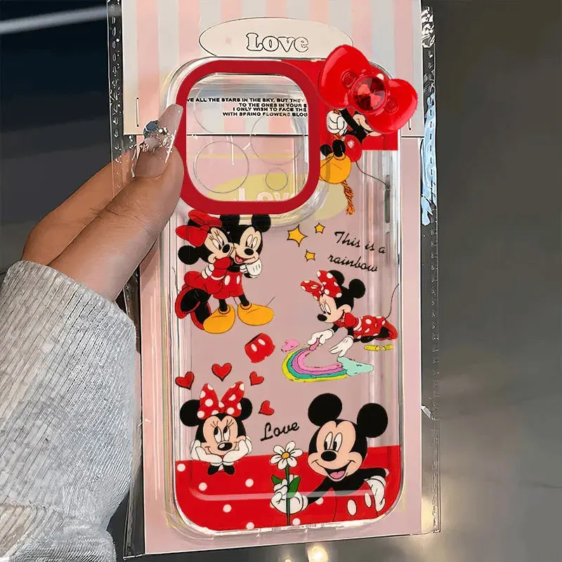 Disney Mickey Minnie Mouse Red Flower Bow Phone Case For iPhone 16 14 12 13 11 15 Pro Max XR XS MAX 7 8 Plus Y2K Kawaii Cover