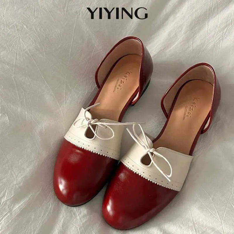 Leather British Style Bullock Lace-up Hollow Small Leather Shoes Women's Sandals Round Toe Thick-heeled Low-heeled Single Shoes