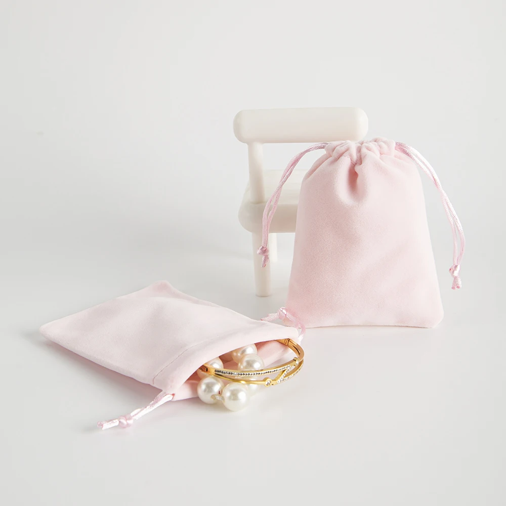 5pcs Luxury Pink Velvet Drawstring Pouch Set