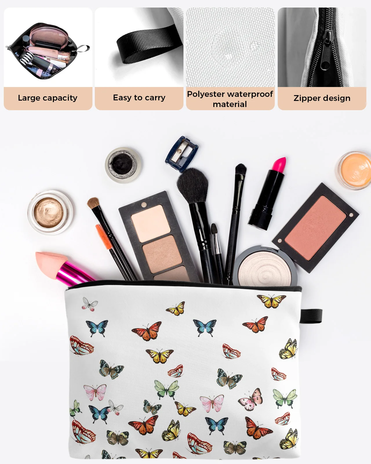 butterfly repeat white Large Capacity Travel Cosmetic Bag Portable Makeup Storage Pouch Women Waterproof Pencil Case