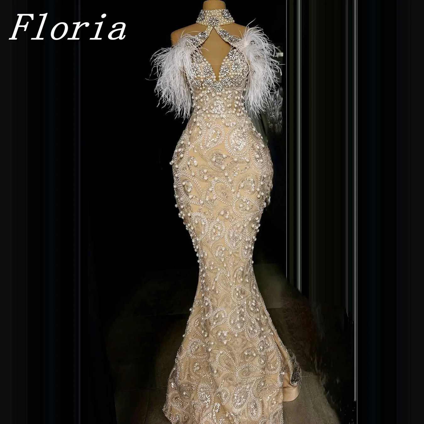 

Exquisite Feathers Crystal Mermaid Evening Dresses Beads Halter Dubai Wedding Dress vestidos de ocasión formales