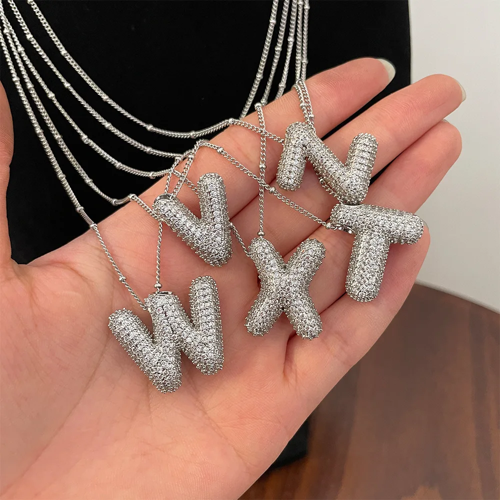 Shiny Zircon Initial Letters Pendant Necklace for Women Men Silver Color Balloon Bubble Chunky Necklace Hip Hop Jewelry Gift