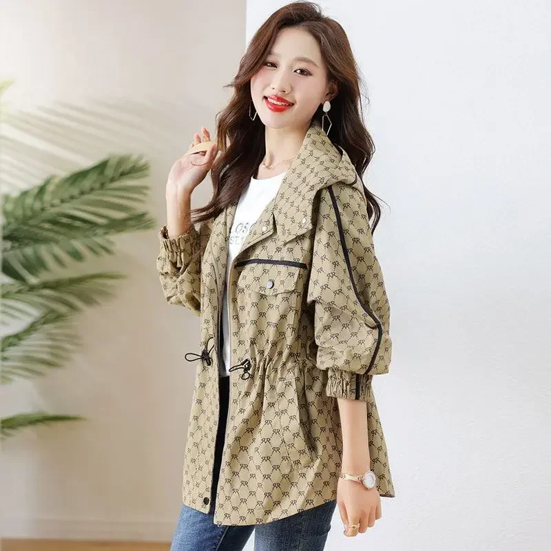 Zip-up Printing Coats Woman Luxury Deals Elegant Korean Style Demi-season Long Sleeve Reviews Clothes Hooded Jacket for Women