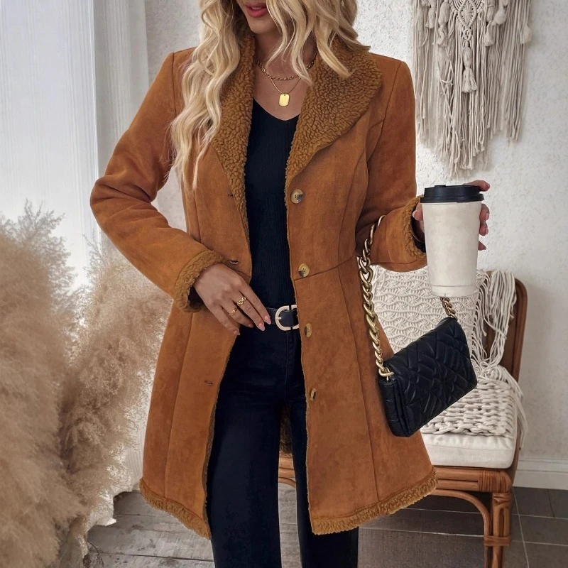 

Однобортная куртка из искусственного меха Тонкая коричневая плюшевая куртка с лацканами из кожи и меха Office Lady Casual Furry Jacket Fluffy Faux Lamb Warm