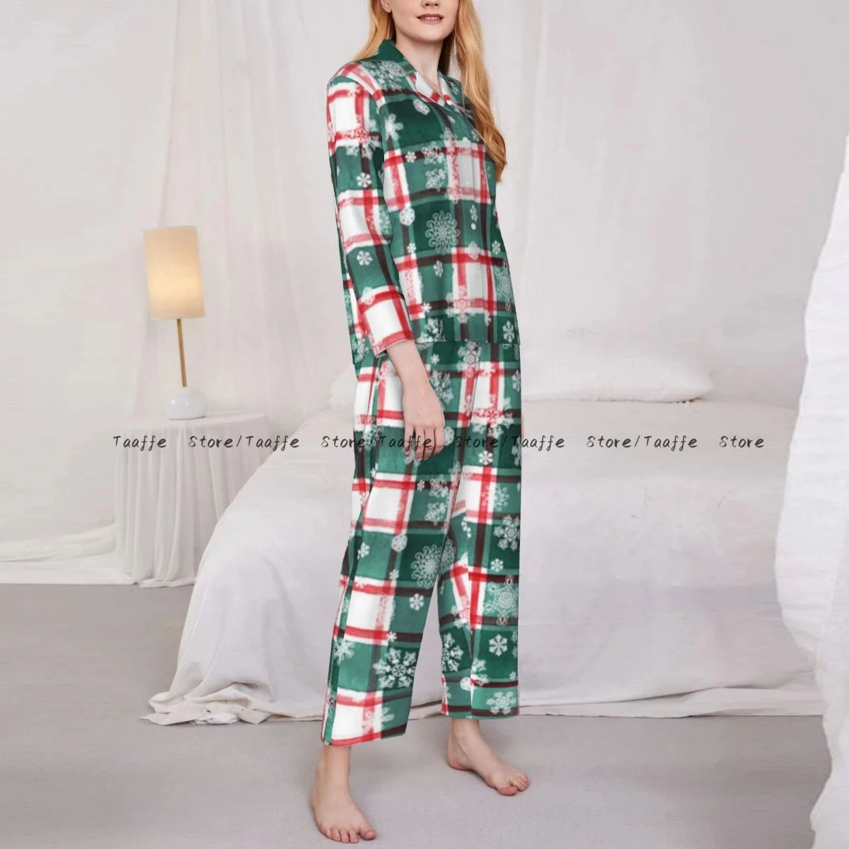 Pajama Set Women's Long Sleeve Pants Two Piece Watercolor Stripe Plaid Pattern Snowflakes Background Home Furnishing Set