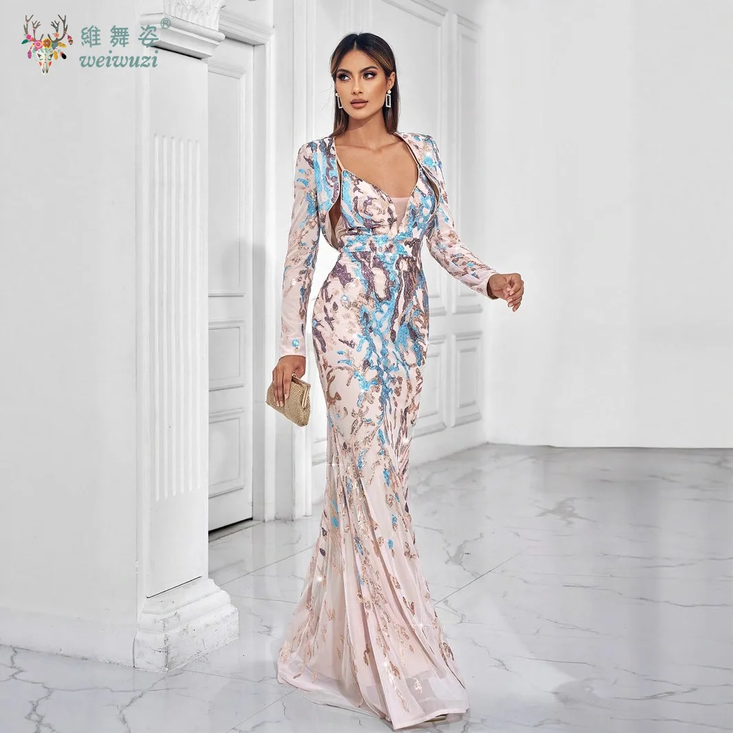 

Autumn and Winter Evening Dress Set Exquisite Sequin Bead Embroidery Slim Fit Mermaid Slim Shoulder Strap Backless Evening Dress
