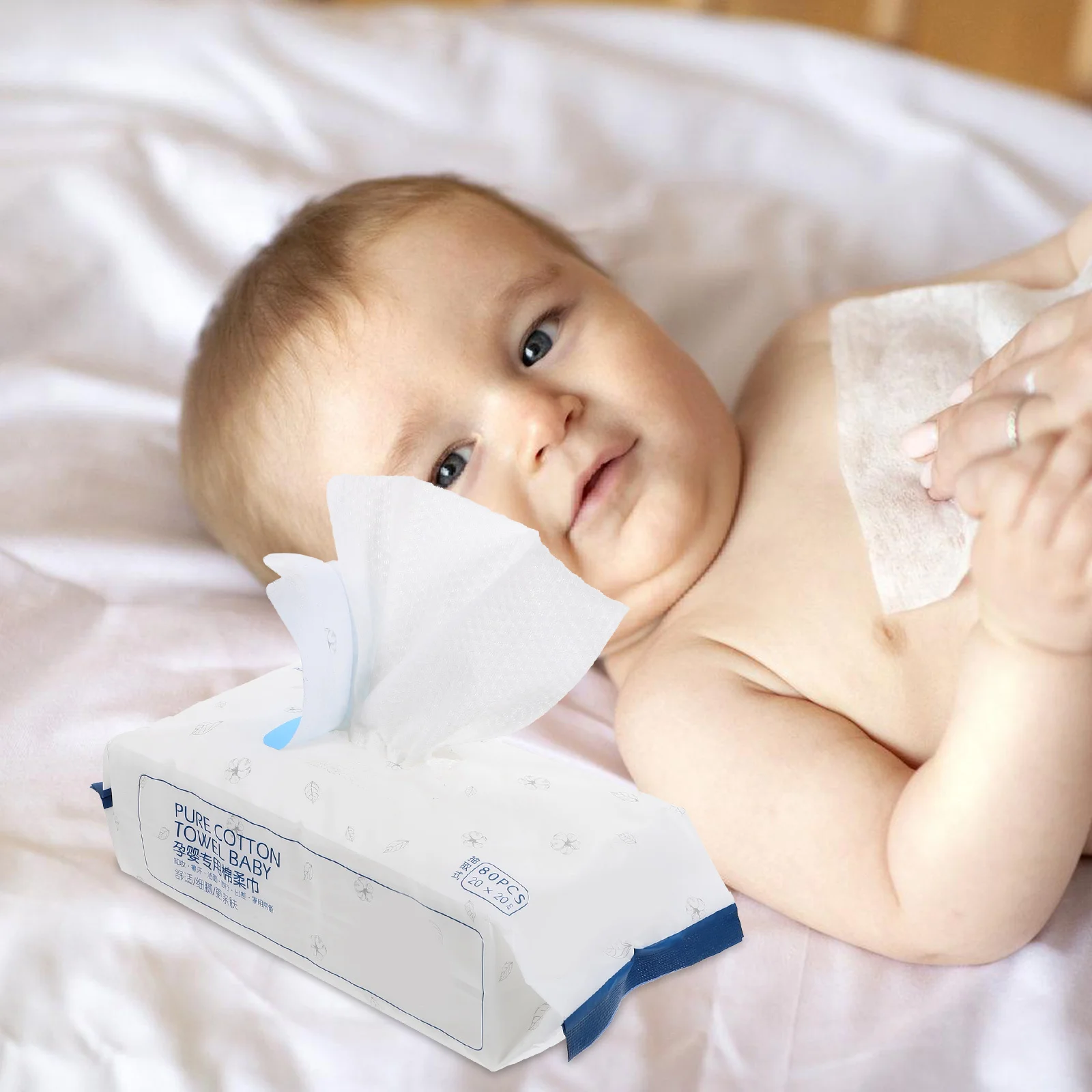 80개입 순면 부드러운 아기 세안 타월 건식 및 습식 겸용 일회용 티슈 패드 입, 눈, 손 청소용