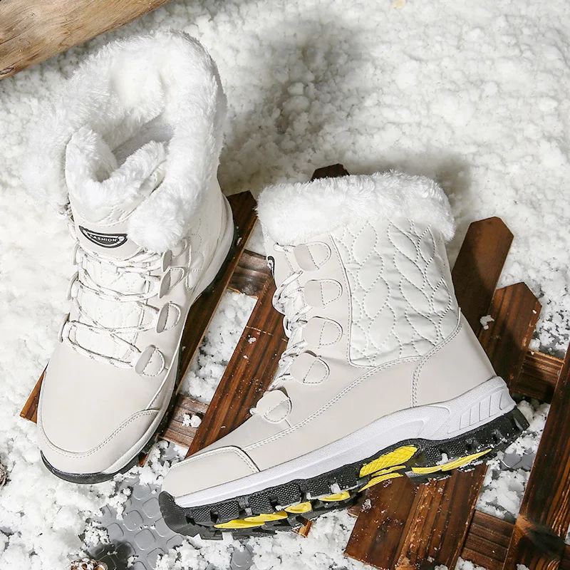 High quality mid calf leather snow boots for women new 2023 winter size 41 42 outdoor plush warm walking shoe black white pink