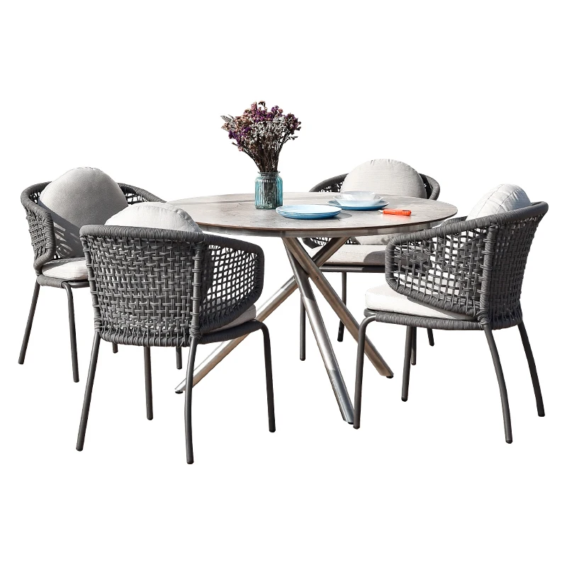 #Outdoor Tables And Chairs Patio Aluminum Alloy Round Table Hotel Restaurant Leisure Table Garden Rope Weaving Dining Chair