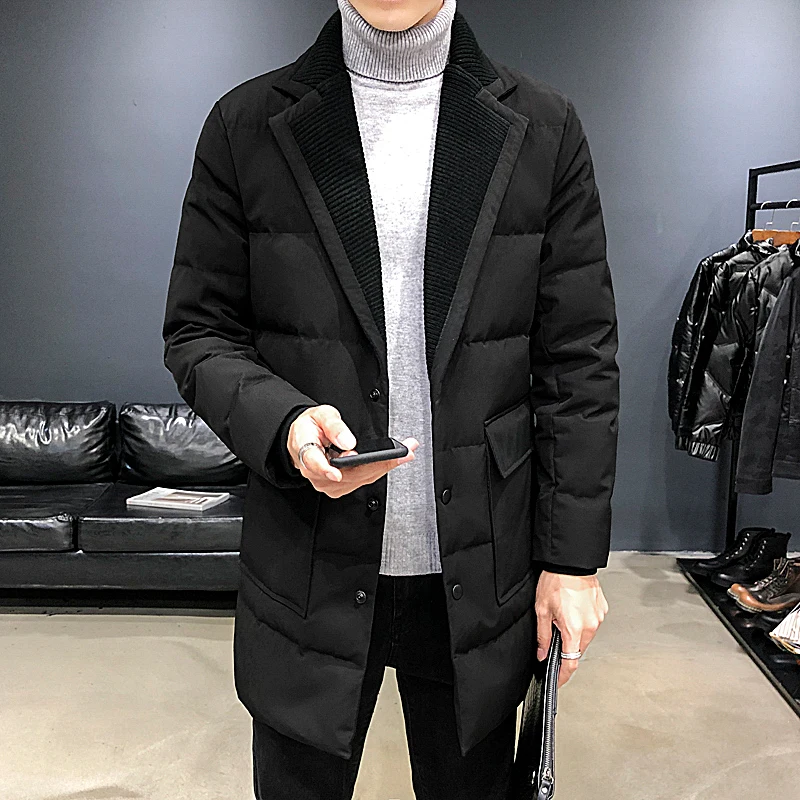 

Мужская легкая пуховая куртка средней длины в корейском стиле, модное пальто с отложным воротником, теплое молодежное пальто из полиэфирного волокна, белое, с наполнителем из пуха