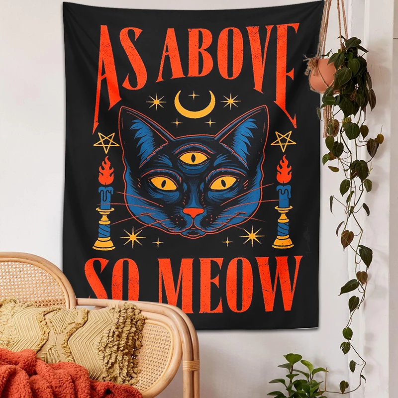 Cat Tarot Tapestry Witchcraft Cat Wall Hanging As Above So Meow psychedelic decoration Boho moon Star Tapestries Room Bedroom