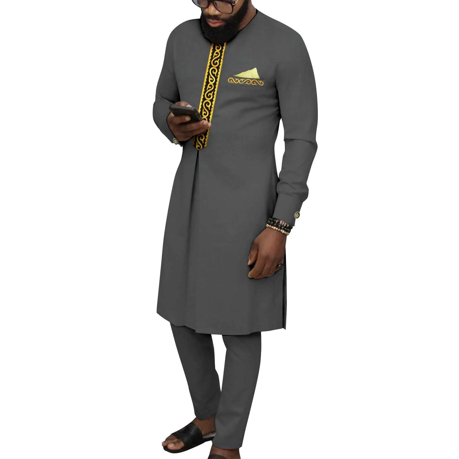 Африканские костюмы для мужчин, комплект из двух предметов, жаккардовые Дашики с длинными рукавами и брюки, традиционный комплект одежды для вечеринок