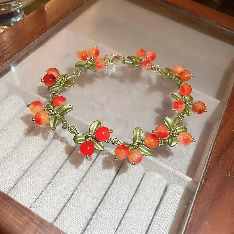 Birthday Jewelry Gift Sweet Orange Beaded Plant Leaves Bracelet Fruit Peach Red Cherry Bracelet Charm for Women Party