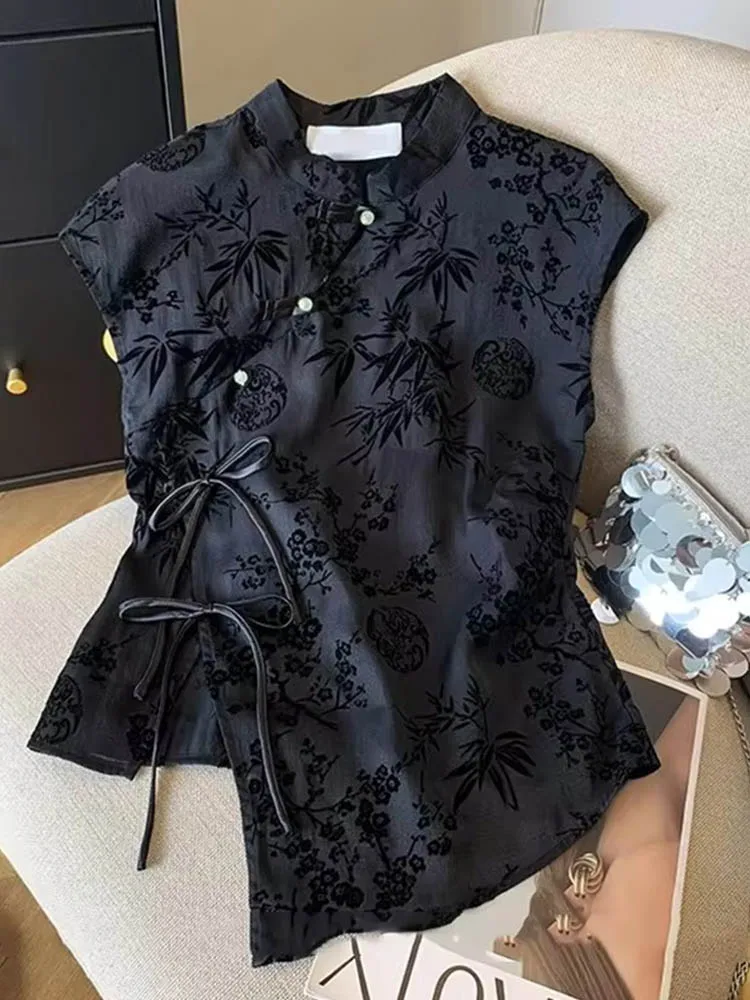 

Retro Thin Shirt New Chinese Style Cheongsam Top Black Jacquard Short Sleeve T-shirt Summer Mature Fashion Women's Clothing