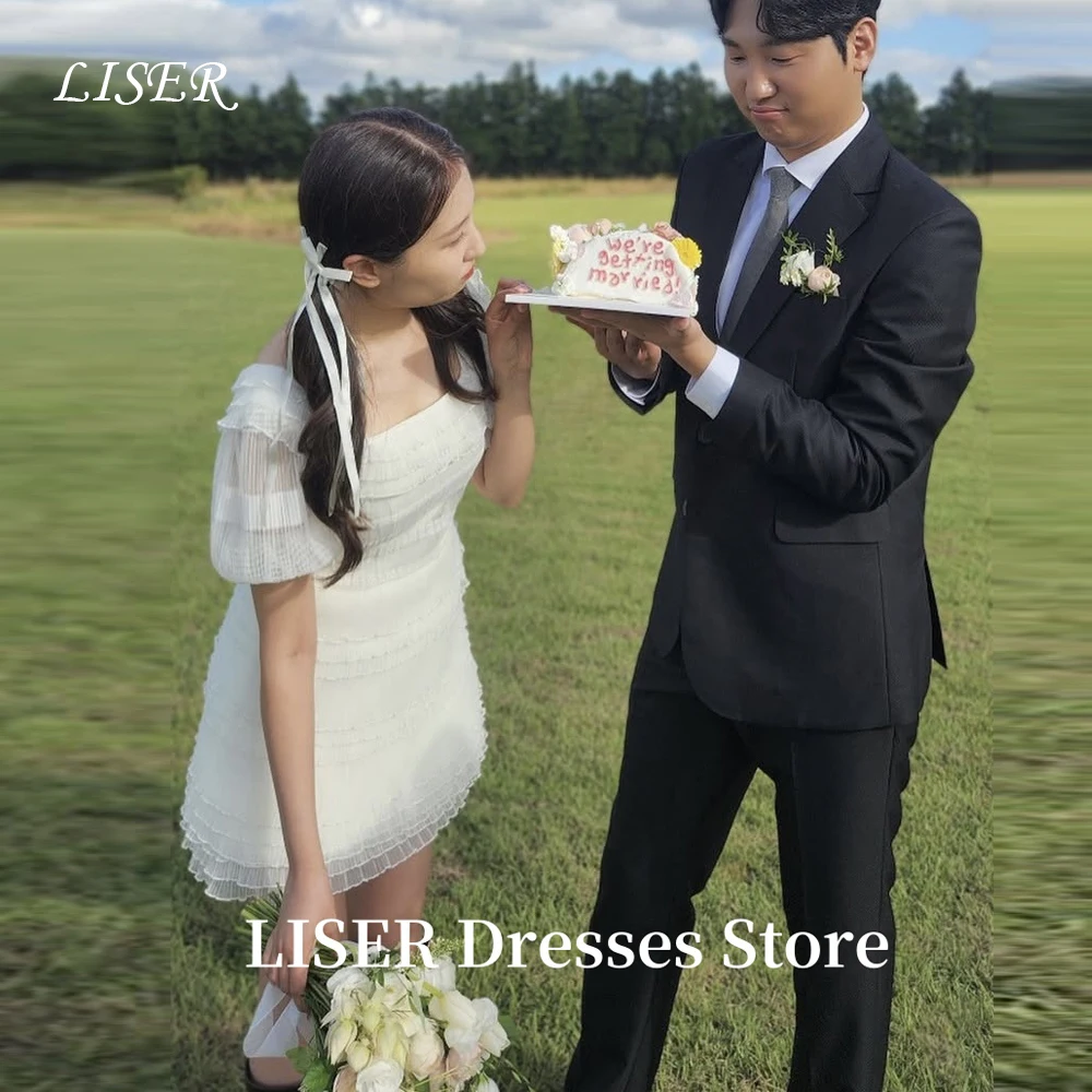 

Liser Square Collar Korea Wedding Dresses Photo Shoot Soft Tulle Above Knee Length Bridal Gowns Corset Back Customized Mariage
